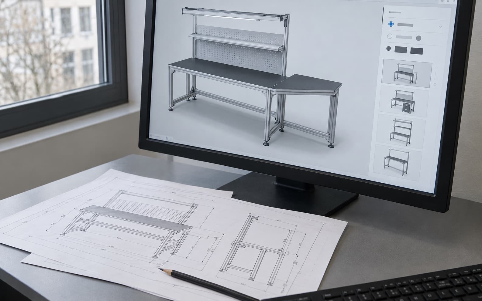 Technische Zeichnungen und 3D-Konfiguration eines modularen Arbeitstischs – illustrative Darstellung