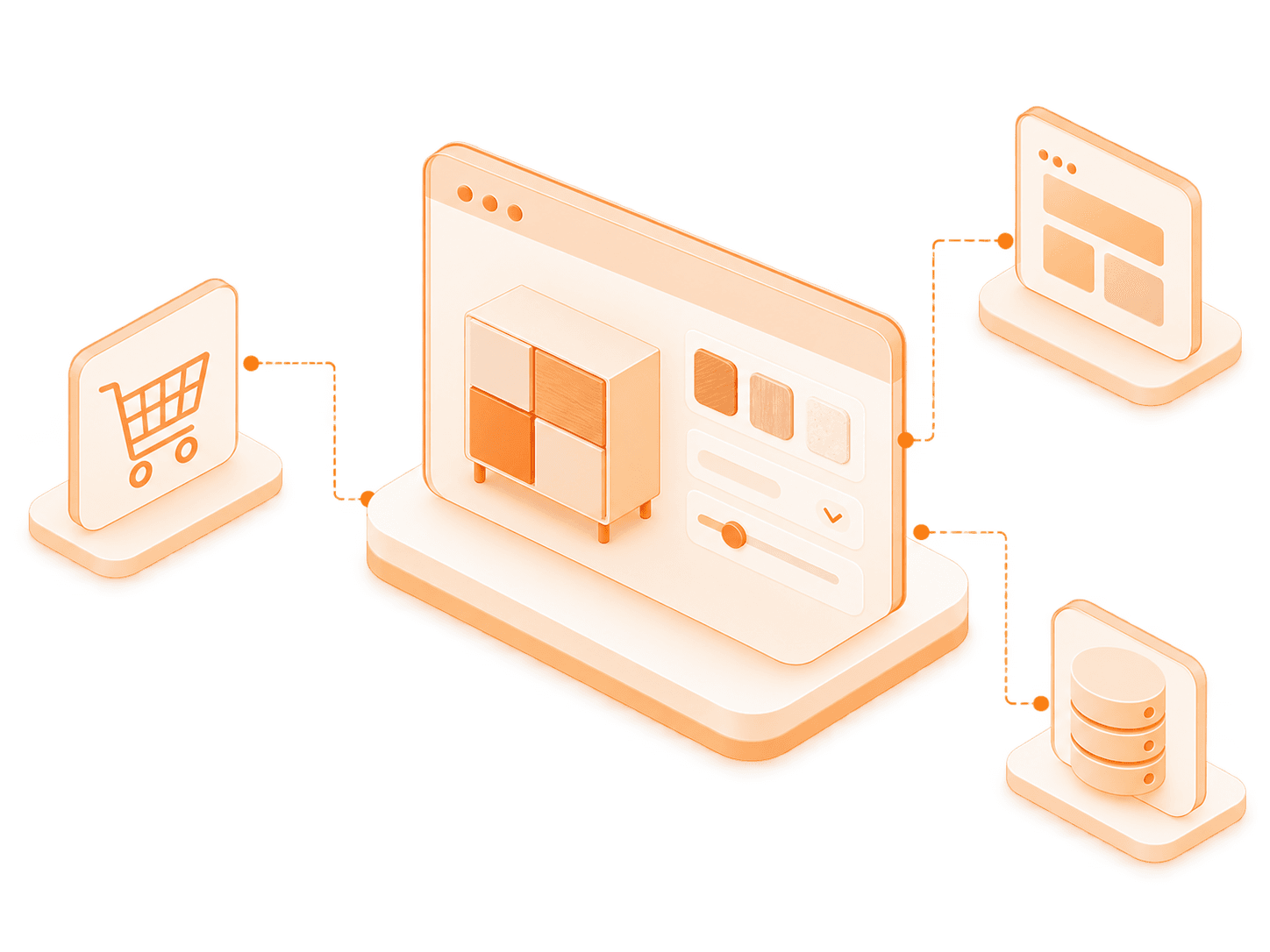 Illustration: Ein 3D-Konfigurator verbindet Produktauswahl, Onlineshop, Webseite und Produktdaten