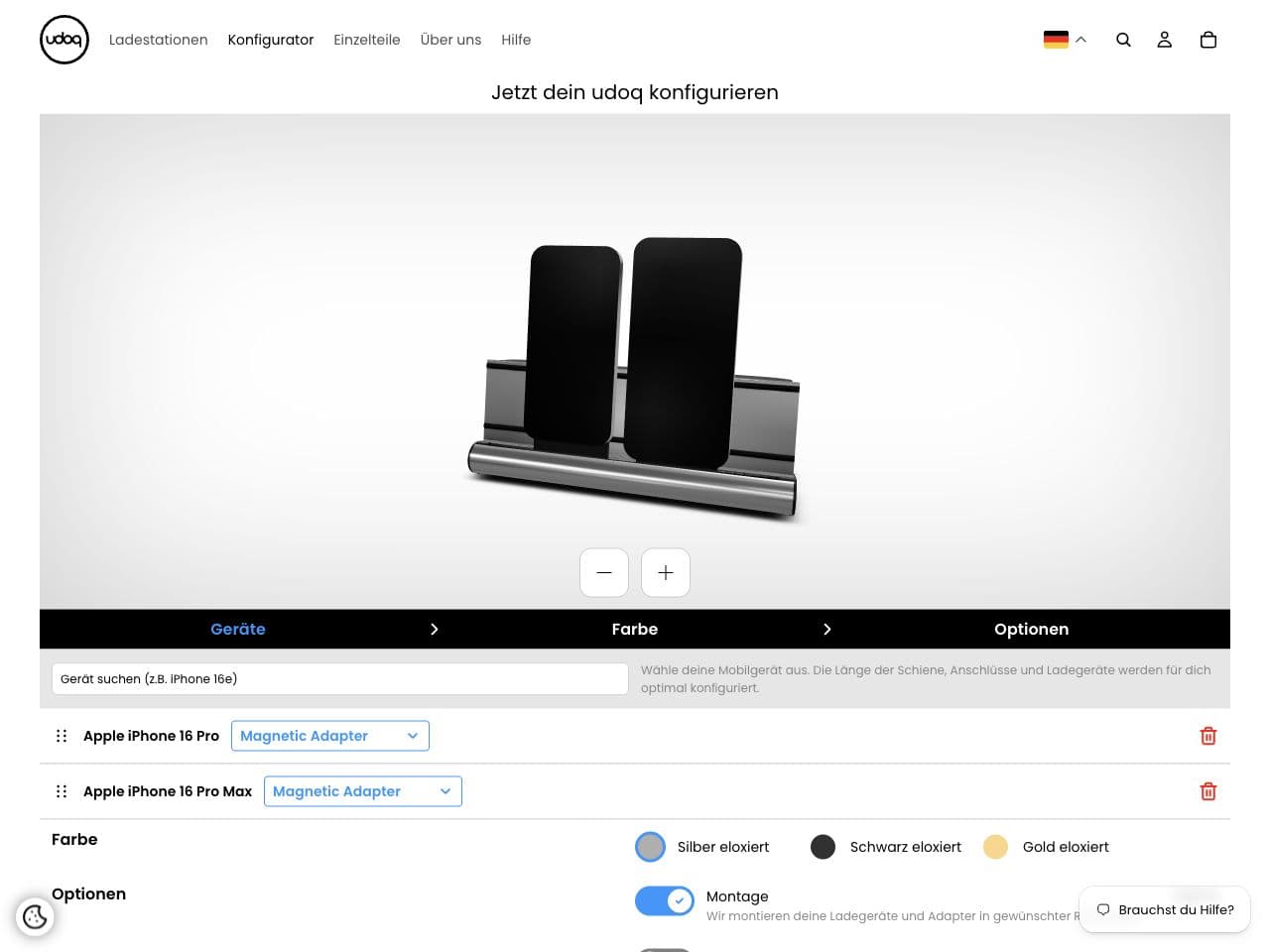 udoq-Konfigurator im Shopify-Shop mit Geräteauswahl und konfigurierbarer Ladestation