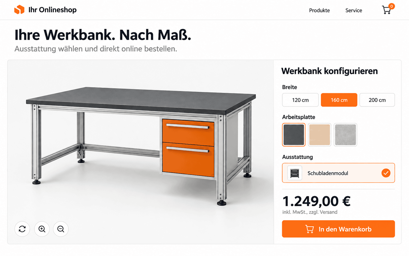 Beispiel eines Onlineshops mit 3D-Werkbank-Konfigurator, Produktauswahl, Preis und Warenkorb-Button