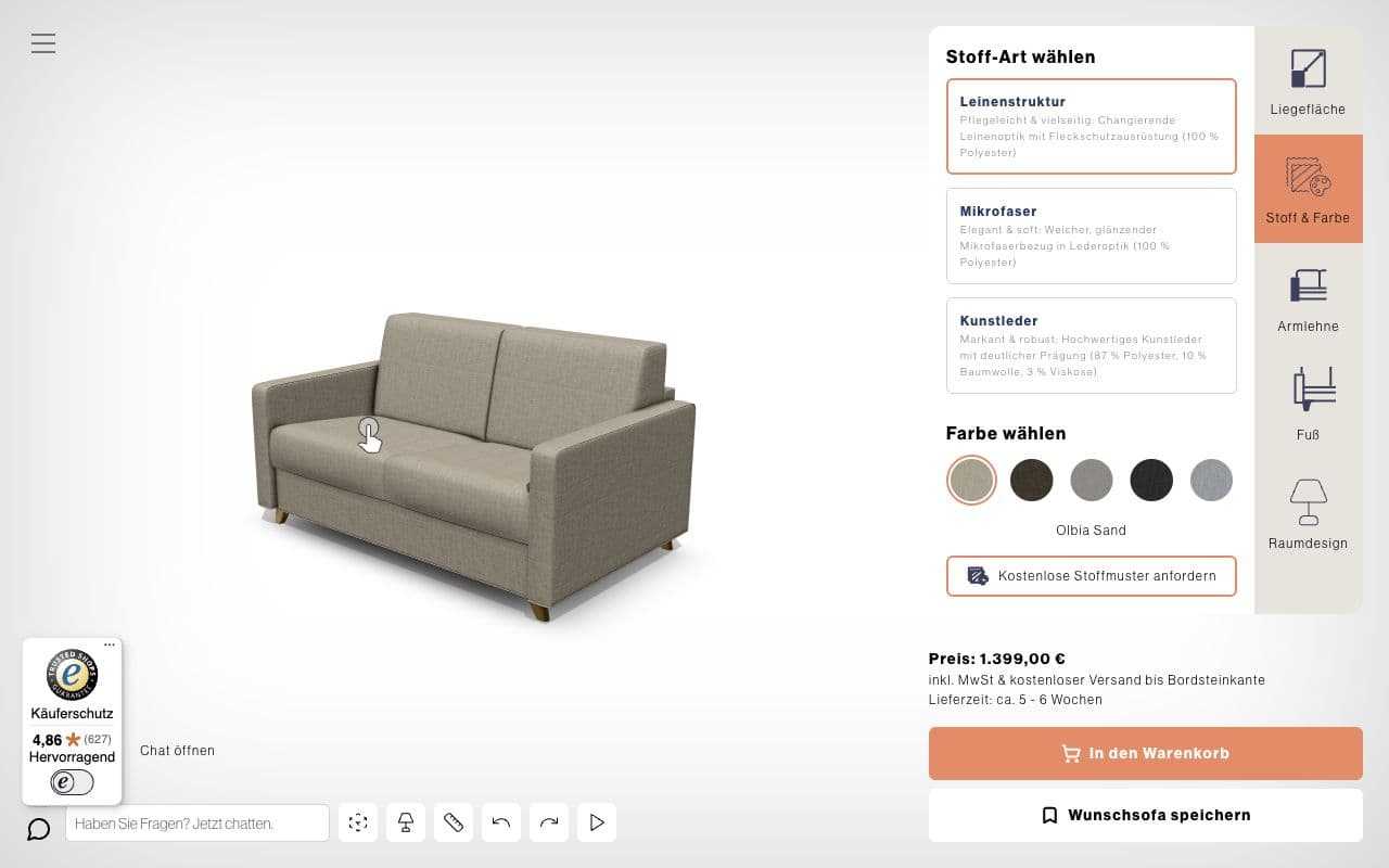 FBF Home: Stoffe und Farben am 3D-Schlafsofa auswählen, den Preis sehen und die Konfiguration in den Shopware-Warenkorb legen