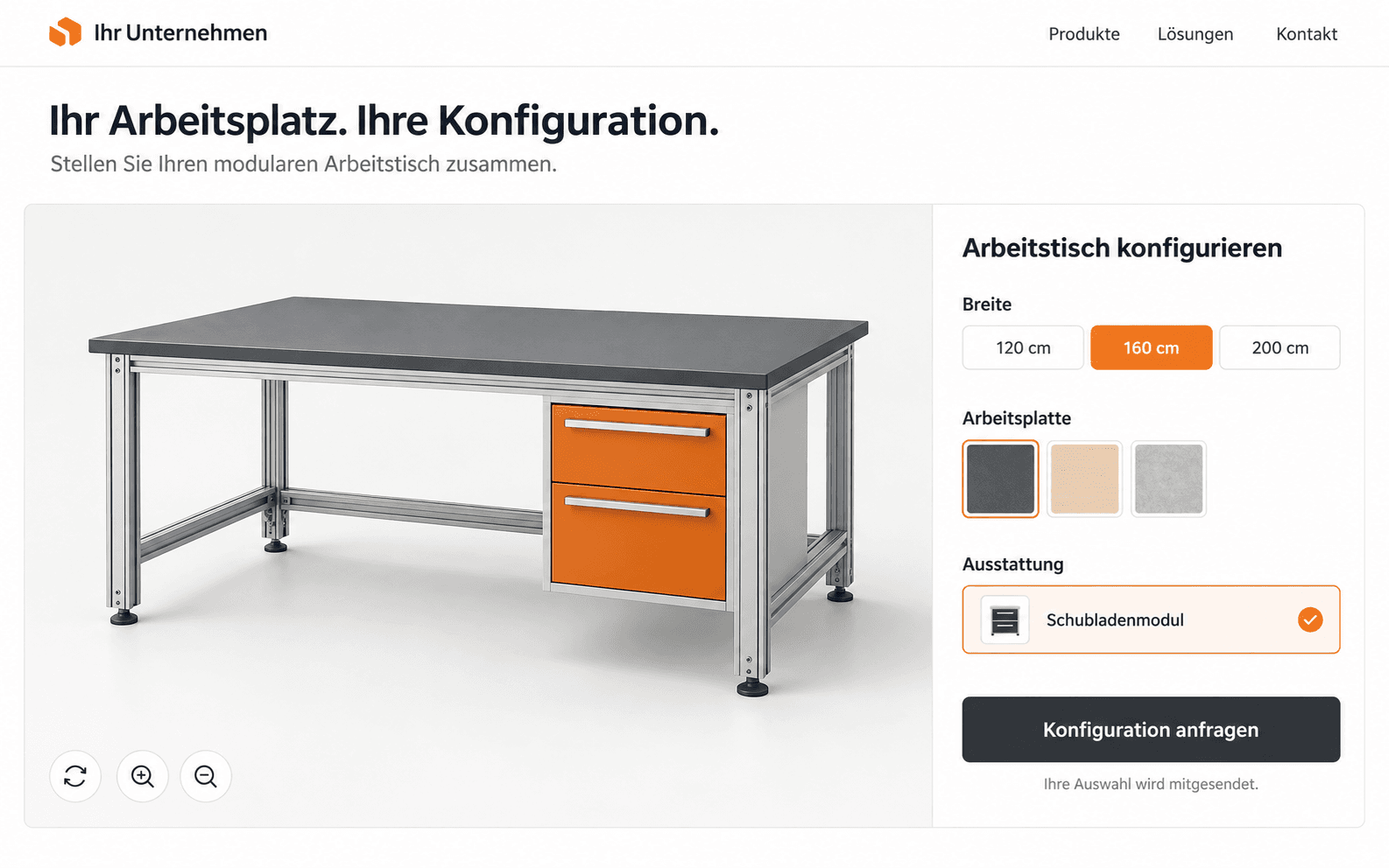 Beispiel einer Unternehmenswebseite mit eingebettetem 3D-Arbeitstisch-Konfigurator und Button zur Konfigurationsanfrage