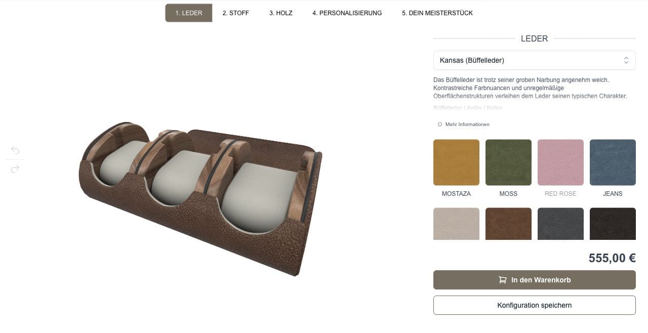 KAYSER Uhrenetui-Konfigurator mit 3D-Ansicht, Lederfarben, Preis und Warenkorb