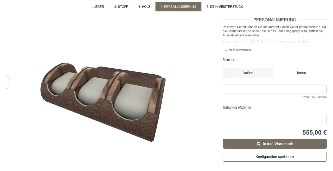KAYSER 3D-Konfigurator: Uhrenetui mit Eingaben für Name und Initialen, Preis und Warenkorb-Button